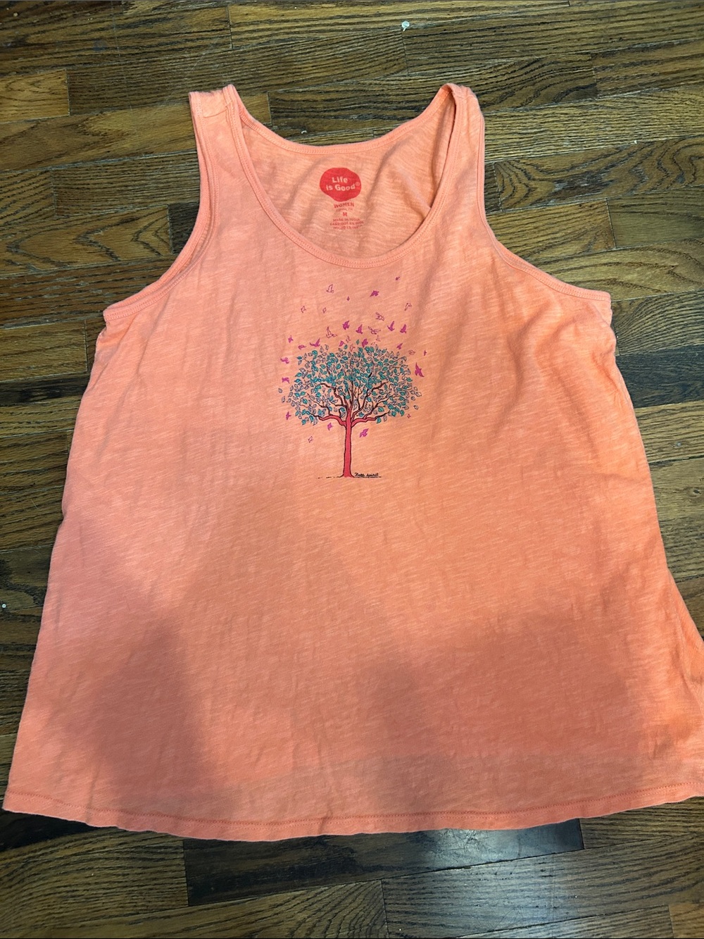 Life Is Good Coral-Orange Tank with Tree & Butterfly Motif